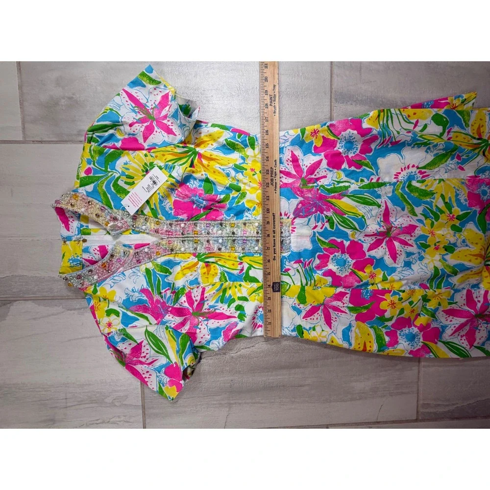 Lilly Pulitzer Floral Beaded Maxi Dress Pink Yellow Blue Short Sleeve Size 6